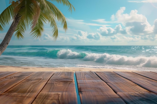 Foto piso de madera en la playa con palmeras y fondo de cielo azul