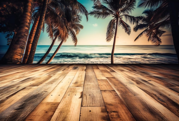 Piso de madera en la playa con palmeras