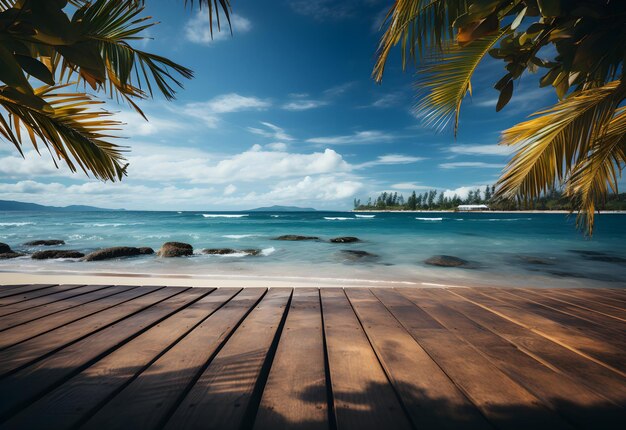 Piso de madera en una playa tropical con palmeras de coco y cielo azul