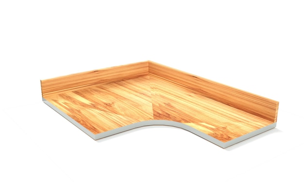 Piso de madera que se desvanece en la perspectiva de la representación 3d del fondo blanco