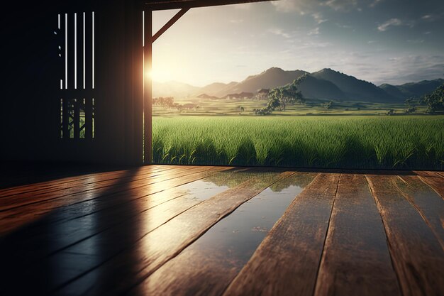 Piso de madera vacío con fondo de campos de arroz verde tropical