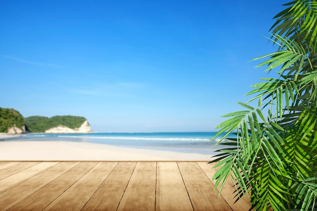 Piso de madera con vista al mar y hoja de palma verde