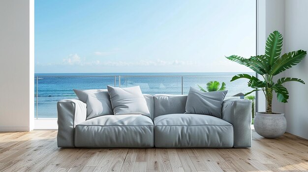 Piso de madera con vista a la playa en la sala de estar con sofá suave