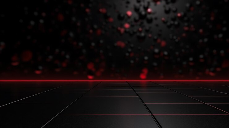Un piso negro con luces rojas y un fondo negro.