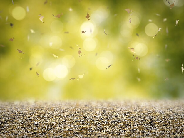 Piso de oro brillo con confeti sobre fondo verde