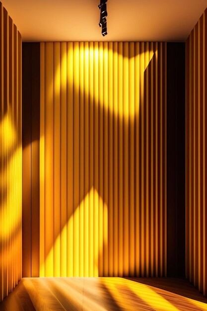 Piso de parquet de madera marrón de pared corrugada de color amarillo vibrante y moderno a la sombra del sol para inter