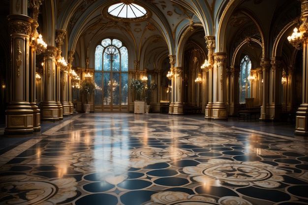 El piso de piedra en un elegante salón de baile captura la opulencia de la arquitectura histórica IA generativa