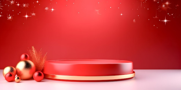 Piso de podio rojo de lujo con decoración navideña de fondo modelo de producto de stand de vacaciones de año nuevo