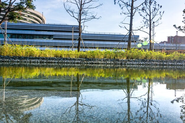 Piso quadrado vazio e paisagem de natureza montanha verde no parque da cidade