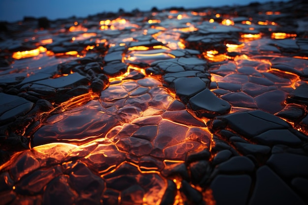 Piso de roca quemada con rocas fundidas y grietas de lava