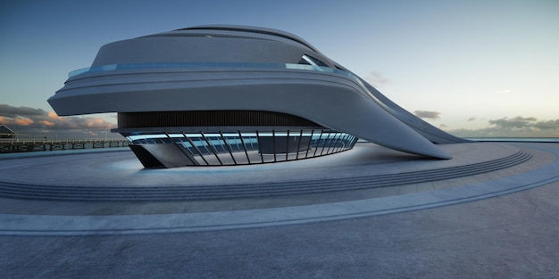 Piso vacío con moderno edificio de diseño aerodinámico futurista