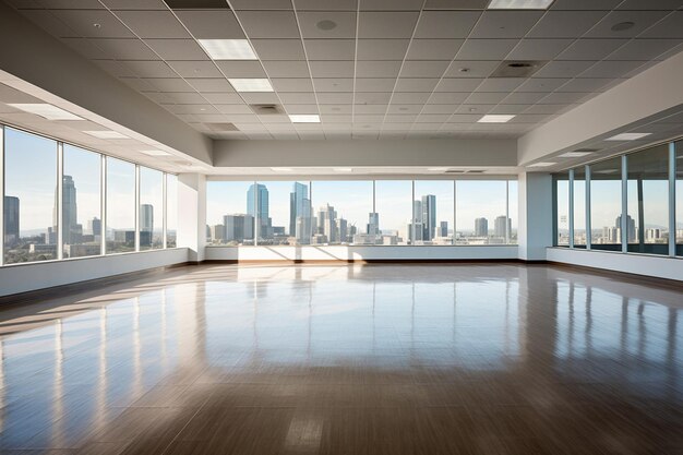 Foto piso vazio com horizonte e edifícios modernos