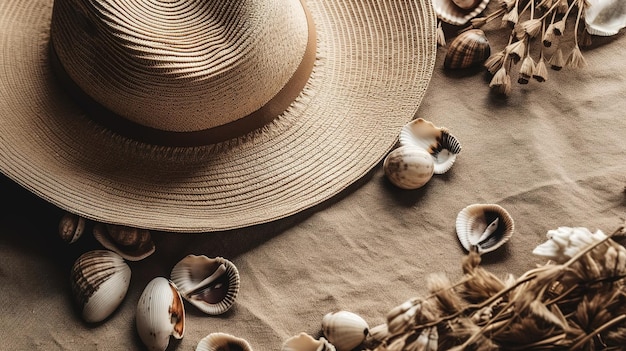 Un piso de verano con conchas y un sombrero en la playa IA generativa