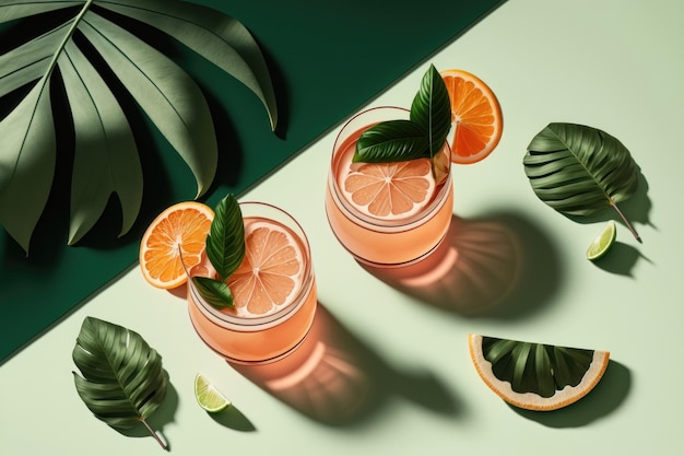 Piso de verano con dos vasos de bebidas refrescantes y rodajas de pomelo sobre fondo verde Generación de IA