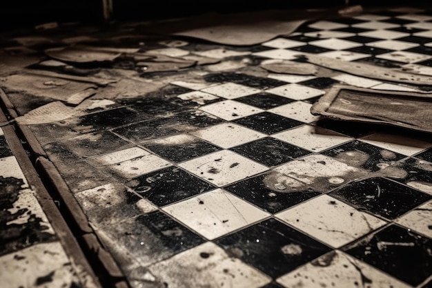 Piso xadrez preto e branco danificado com um pedaço quebrado de madeira Generative AI