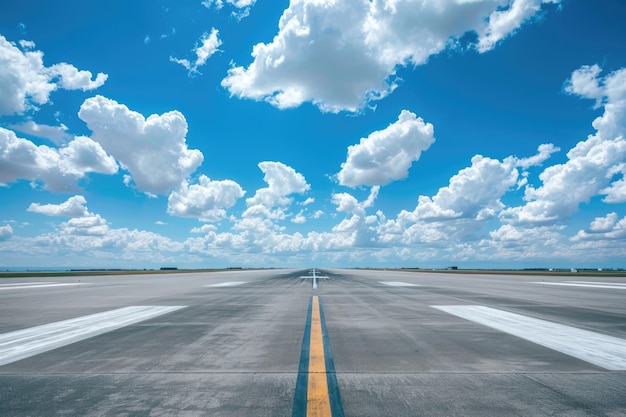 Foto pista de aterrizaje del aeropuerto con cielo azul y nubes concepto de viaje de aviación
