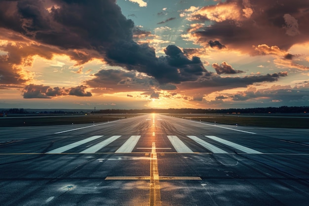 Pista de aterrizaje de un aeropuerto lista para el aterraje o el despegue de un avión al atardecer