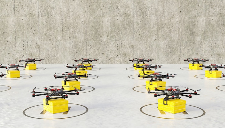 Foto pista de aterrizaje llena de drones listos con paquetes para entrega