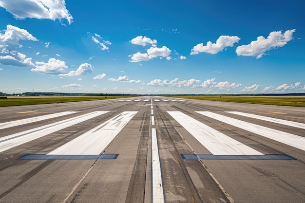 Foto pista de aterrizaje vacía del aeropuerto con marcas blancas para aeronaves