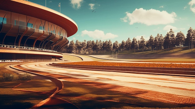 Una pista de atletismo en un estadio con líneas rojas.