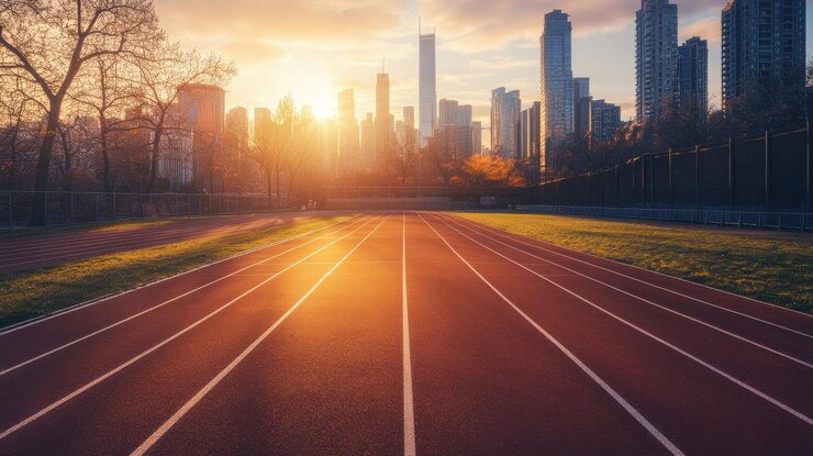 Pista de atletismo en el parque de la ciudad al atardecer concepto de deporte y recreación