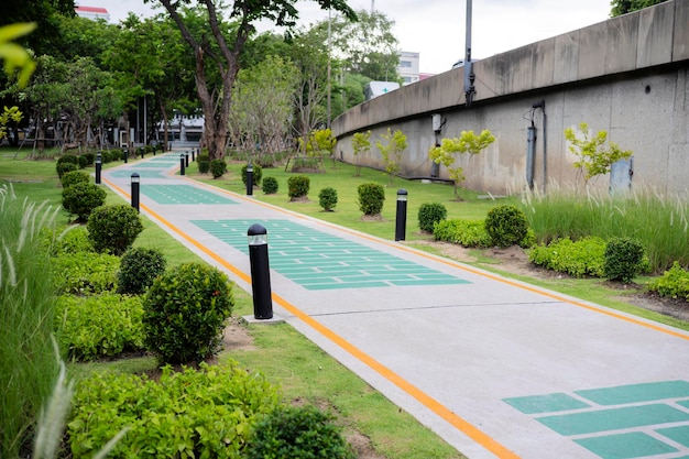 Pista de atletismo con sombra bajo los árboles en un parque público en verano