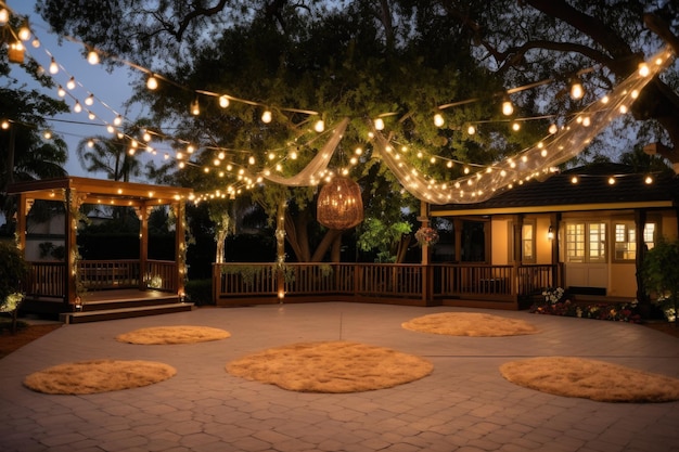 Pista de baile al aire libre rodeada de luces parpadeantes y linternas creadas con IA generativa