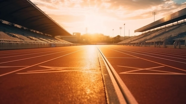 Pista de carrera con hierba verde y fondo de cielo azul Pista de correr atlética iluminada por el sol en el estadio