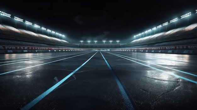 Pista de carreras de asfalto terminar carrera estadio deportivo en la noche Ilustración 3d profesional IA generativa