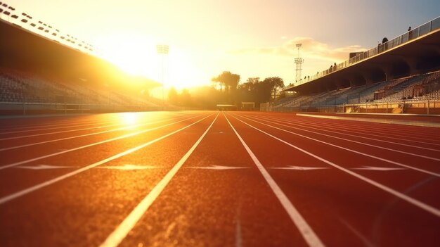 Pista de carreras atléticas iluminada por el sol en un estadio Marcas iluminadas por el sol de una pista de carreras en un estadios