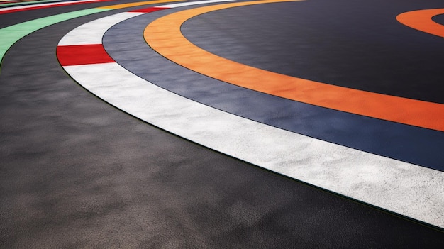 Una pista de carreras con franjas de colores y una franja blanca.