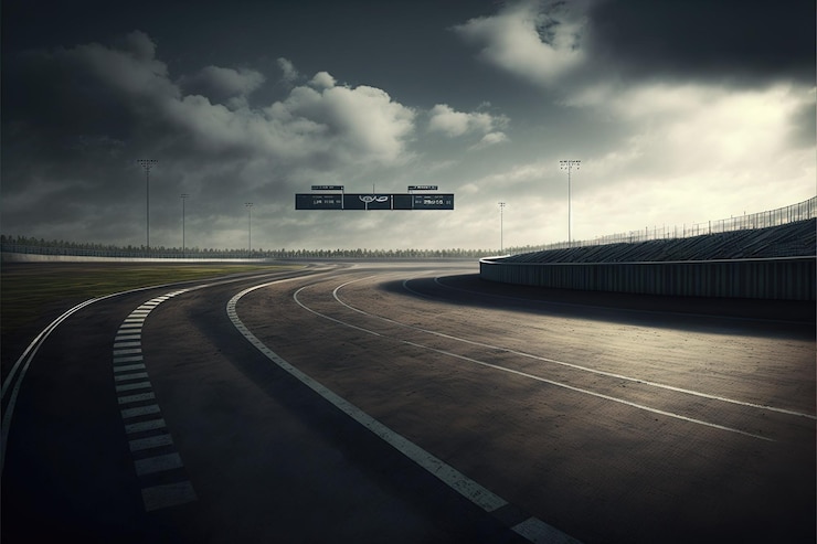 Pista de carreras, giro brusco, tribunas de iluminación natural para espectadores, pista de rally, corredor de autos, ilustración de alta resolución, arte AI