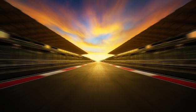 Pista de carreras internacional de desenfoque de movimiento rápido por la noche.