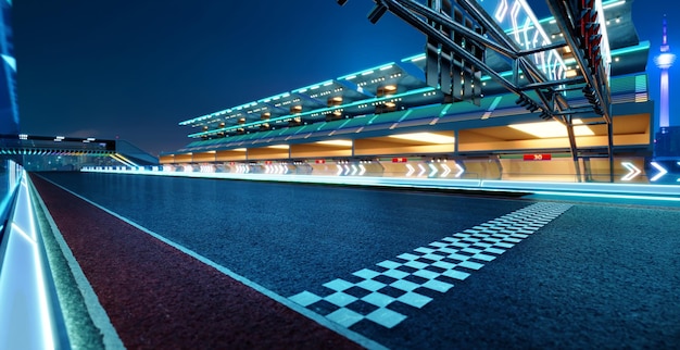 Foto pista de carreras con línea de inicio y decoración de luces de neón de flecha