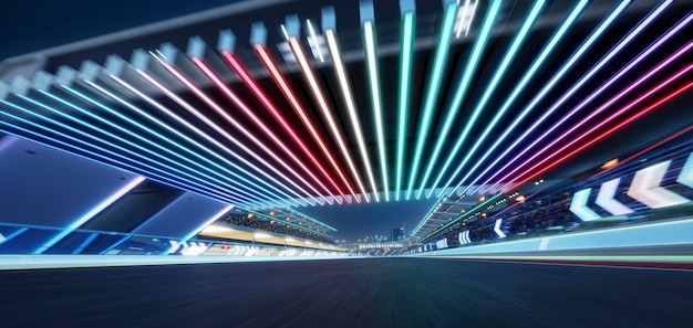 Pista de carreras en movimiento 3d con decoración de luz de neón de flecha