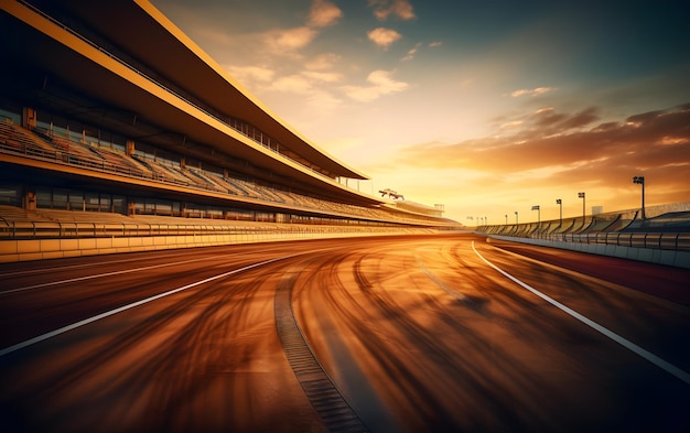 Una pista de carreras con una puesta de sol de fondo.