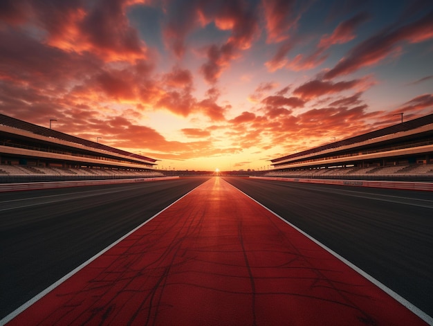 Foto pista de carreras vacía con el fondo del cielo al atardecer