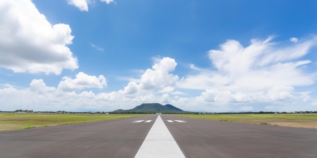 Una pista con un cielo azul y una montaña al fondo.