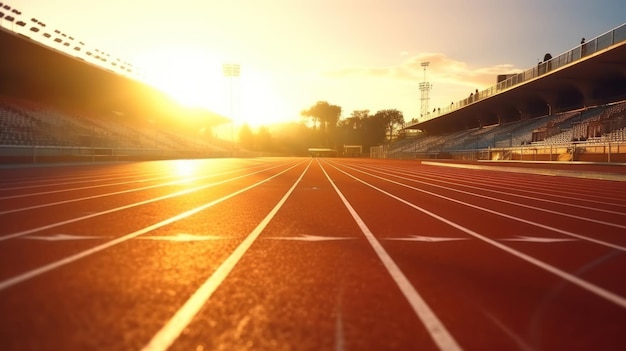 Pista de corrida atlética iluminada pelo sol no estádio Marcas iluminadas pelo sol de uma pista de corrida em um estádio