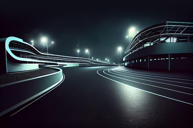 Pista de corrida de asfalto curvada e estádio esportivo de corrida iluminado à noite Profissional digital 3d