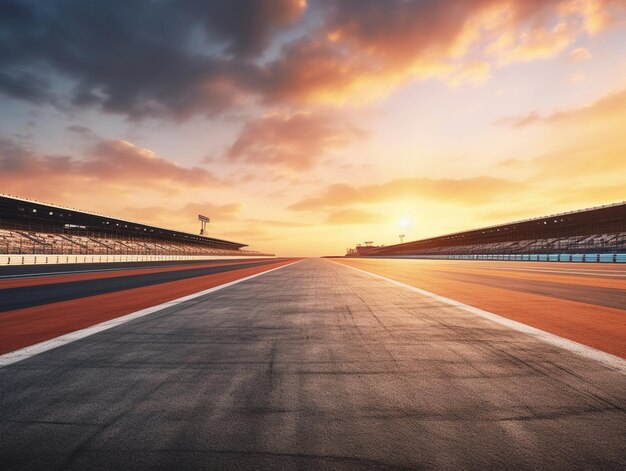 Foto pista de corrida vazia com fundo de céu ao pôr-do-sol