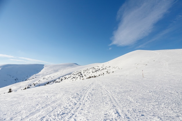 Pista de esqui e teleférico com árvores cobertas de neve em dia ensolarado. Área de esqui de Combloux, Alpes franceses