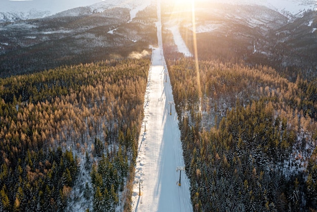 Pista de esqui na floresta, vista de cima