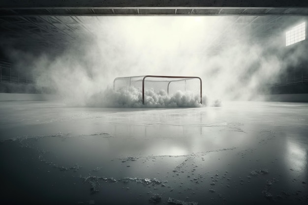 Pista de gelo coberta com nevoeiro e vapor vazio sem jogadores e arena para espectadores sofisticados iluminados antes dos jogos de hóquei e patinação artística Generative AI