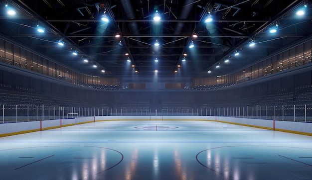 Pista de hóquei iluminada pronta para jogos assentos vazios luzes brilhantes arena esportiva profissional