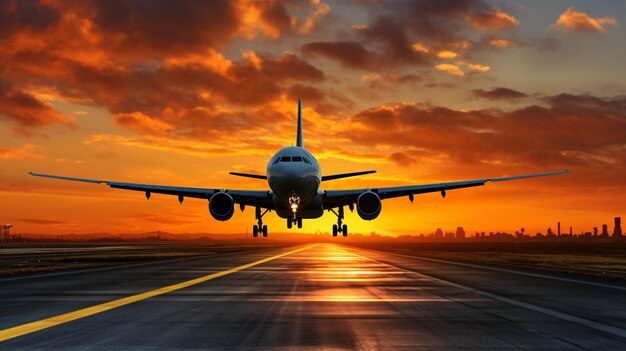 Pista de pouso do aeroporto contra o céu nublado durante o pôr do sol