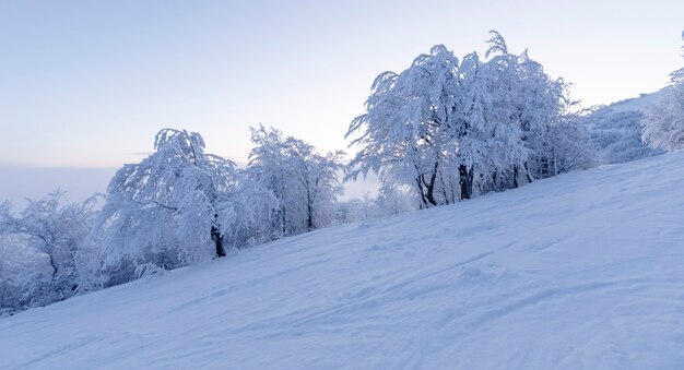 Pista de esquí vacía con nieve recién enrollada al amanecer.