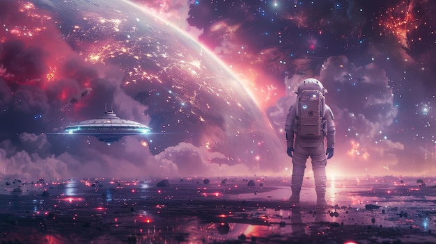La pista de la estación espacial con un platillo volador aterrizando en ella en una ilustración de ciencia ficción de un astronauta sentado en una nave espacial futurista
