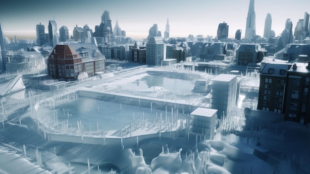 Pista de hielo futurista en un paisaje urbano Render 3D hiperrealista con iluminación global y efectos VFX