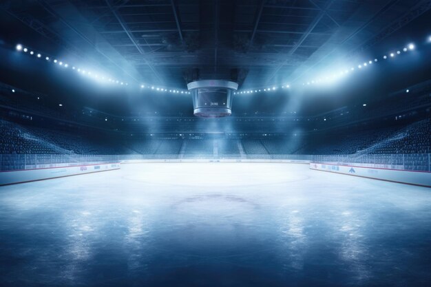 Pista de hielo de invierno vacía con iluminación de reflectores brillantes